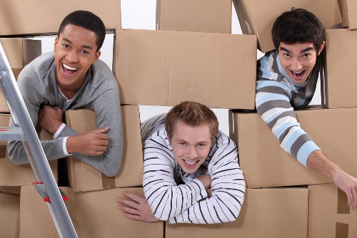 Moving team preparing equipment and checking safety before a van job