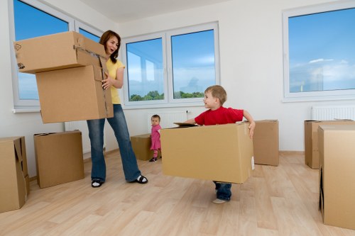 Packed household items ready for transport near Canary Wharf